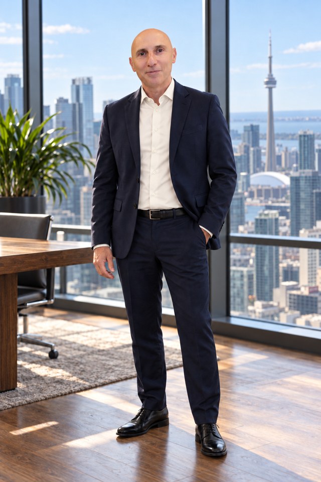 Avi Pagi in a navy suit and ivory shirt, standing in a bright office with Toronto’s skyline behind him.